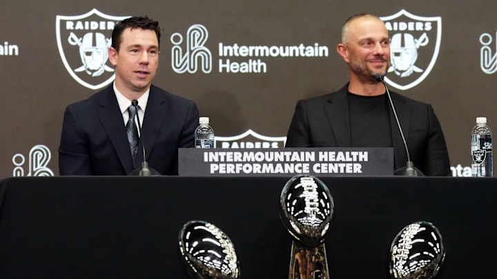 Feb 10, 2026; Henderson, NV, USA; Las Vegas Raiders coach Klint Kubiak (left) and general manager John Spytek at introductory press conference at Intermountain Health Performance Center. Mandatory Credit: Kirby Lee-Imagn Images