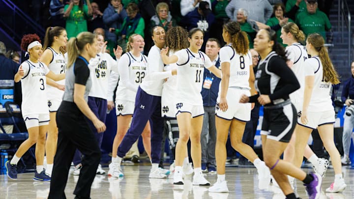 Notre Dame celebrates after winning the first round of the NCAA Women's Basketball Tournament 106-54 against Stephen F. Austin at Purcell Pavilion on Friday, March 21, 2025, in South Bend.