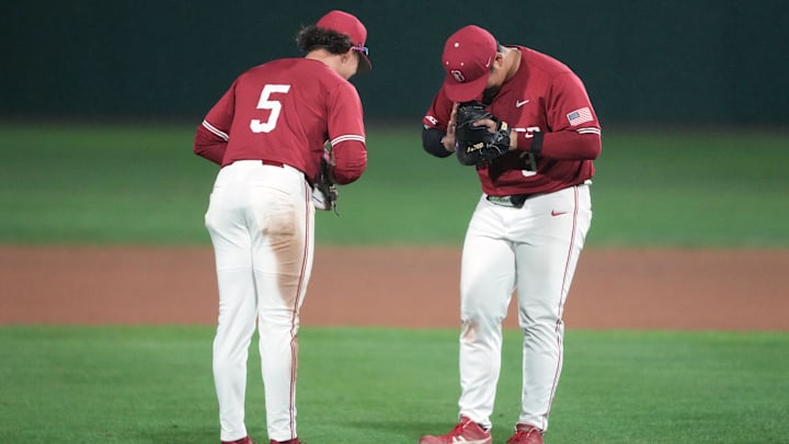Mar 1, 2025; Stanford, CA, USA; Stanford Cardinal first baseman Rintaro Sasaki (right) and third baseman Trevor Haskins (5) celebrate after defeating the Xavier Musketeers at Sunken Diamond. Mandatory Credit: Darren Yamashita-Imagn Images