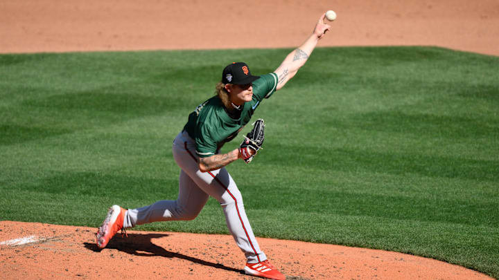 Jul 8, 2023; Seattle, Washington, USA; National League Futures relief pitcher Carson Whisenhunt (18) of the San Francisco Giants pitches to the American League during the third inning of the All-Star Futures game at T-Mobile Park. Jul 8, 2023; Seattle, Washington, USA; National League Futures relief pitcher Carson Whisenhunt (18) of the San Francisco Giants pitches to the American League during the third inning of the All-Star Futures game at T-Mobile Park.