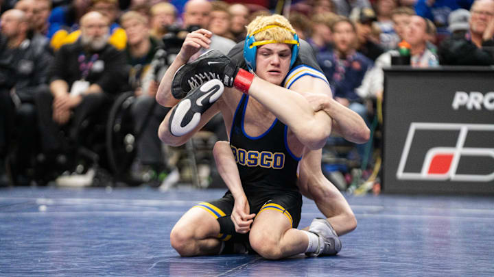 Wilton's Liam Adlfinger wrestles Don Bosco's Hayden Schwab at 120 lbs during the Class 1A state wresting final on Saturday, Feb. 22, 2025, at Wells Fargo Arena in Des Moines.