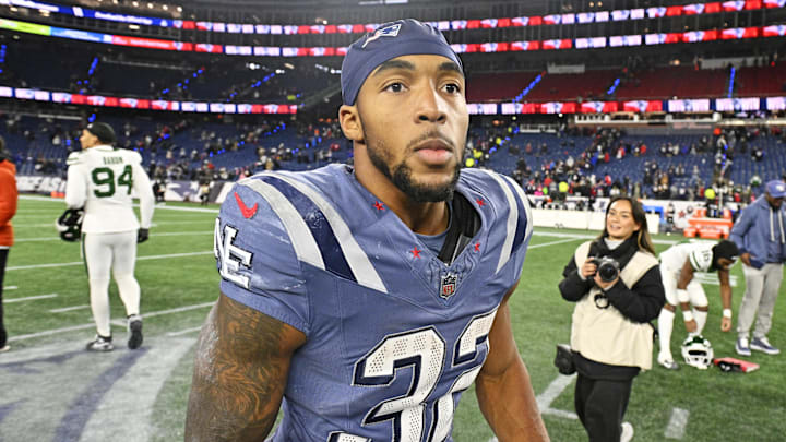 Nov 13, 2025; Foxborough, Massachusetts, USA; New England Patriots running back TreVeyon Henderson (32) leaves the field after the game against the New York Jets at Gillette Stadium. Mandatory Credit: Eric Canha-Imagn Images