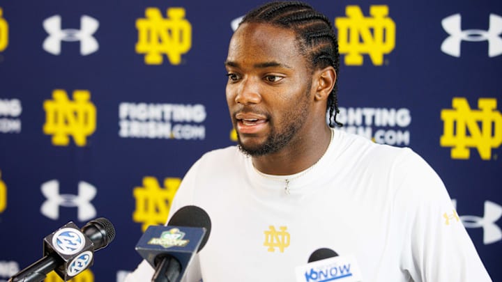 Notre Dame corner back Benjamin Morrison addresses media after a Notre Dame football practice at Irish Athletic Center on Thursday, Aug. 15, 2024, in South Bend. Notre Dame corner back Benjamin Morrison addresses media after a Notre Dame football practice at Irish Athletic Center on Thursday, Aug. 15, 2024, in South Bend.