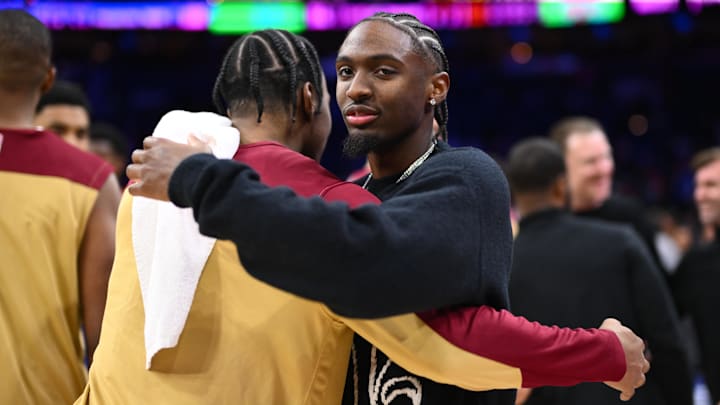 Nov 13, 2024; Philadelphia, Pennsylvania, USA; Philadelphia 76ers guard Tyrese Maxey (0) looks on with Cleveland Cavaliers forward Isaac Okoro (35) after the game at Wells Fargo Center. Mandatory Credit: Kyle Ross-Imagn Images