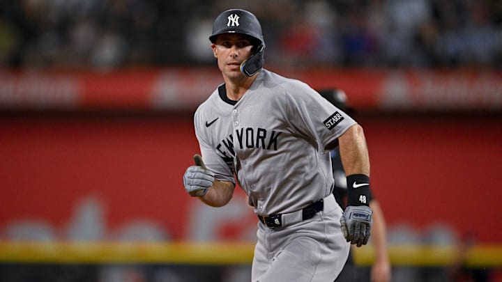 Aug 4, 2025; Arlington, Texas, USA; New York Yankees first baseman Paul Goldschmidt (48) in action during the game between the Texas Rangers and the New York Yankees at Globe Life Field. Mandatory Credit: Jerome Miron-Imagn Images