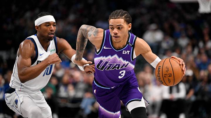 Jan 17, 2026; Dallas, Texas, USA; Utah Jazz guard Keyonte George (3) drives to the basket past Dallas Mavericks guard Brandon Williams (10) during the second quarter at the American Airlines Center. Mandatory Credit: Jerome Miron-Imagn Images Jan 17, 2026; Dallas, Texas, USA; Utah Jazz guard Keyonte George (3) drives to the basket past Dallas Mavericks guard Brandon Williams (10) during the second quarter at the American Airlines Center. Mandatory Credit: Jerome Miron-Imagn Images