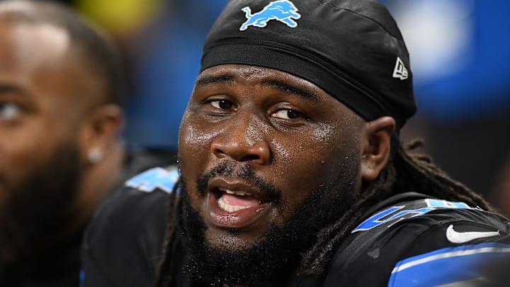 Oct 20, 2025; Detroit, Michigan, USA; Detroit Lions defensive tackle Alim McNeill (54) on the bench against the Tampa Bay Buccaneers during the first half at Ford Field.