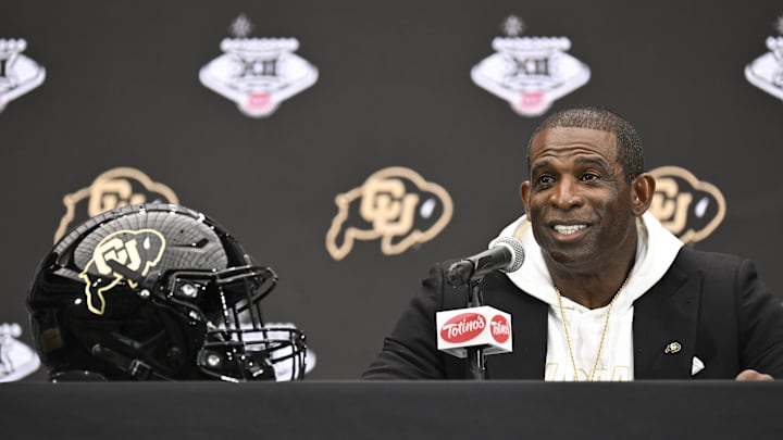 Jul 10, 2024; Las Vegas, NV, USA; Colorado Buffaloes head coach Deion Sanders speaks to the media during the Big 12 Media Days.