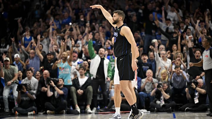 May 3, 2024; Dallas, Texas, USA; Dallas Mavericks forward Maxi Kleber (42) celebrates after making a three point shot against the LA Clippers during the first quarter during game six of the first round for the 2024 NBA playoffs at American Airlines Center. Mandatory Credit: Jerome Miron-USA TODAY Sports