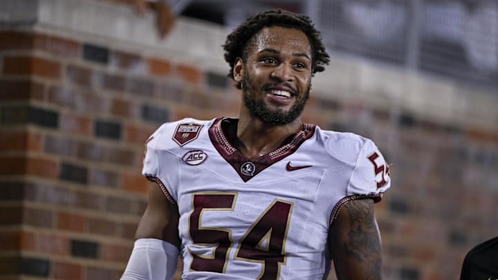 Sep 28, 2024; Dallas, Texas, USA; Florida State Seminoles defensive lineman Byron Turner Jr. (54) leaves the game against the Southern Methodist Mustangs during the second quarter at Gerald J. Ford Stadium. Mandatory Credit: Jerome Miron-Imagn Images
