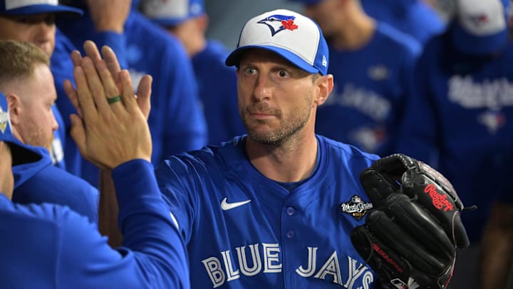 Oct 27, 2025; Los Angeles, California, USA; Toronto Blue Jays pitcher Max Scherzer (31) reacts in the dugout after being relieved in the fifth inning against the Los Angeles Dodgers during game three of the 2025 MLB World Series at Dodger Stadium. 