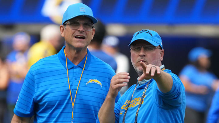 Chargers head coach Jim Harbaugh and GM Joe Hortiz