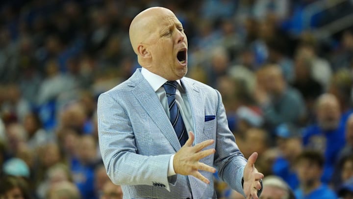 Mar 8, 2025; Los Angeles, California, USA; UCLA Bruins head coach Mick Cronin reacts against the Southern California Trojans in the first half at Pauley Pavilion presented by Wescom. Mandatory Credit: Kirby Lee-Imagn Images