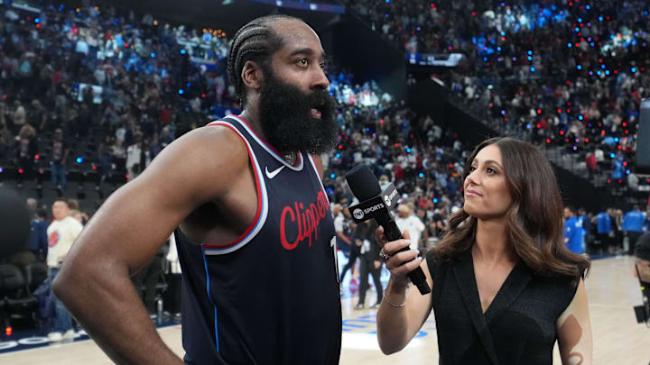 May 1, 2025; Inglewood, California, USA; NBA on TNT reporter Lauren Jbara (right) interviews LA Clippers guard James Harden (1) after game six of first round for the 2025 NBA Playoffs against the Denver Nuggets at Intuit Dome. Mandatory Credit: Kirby Lee-Imagn Images