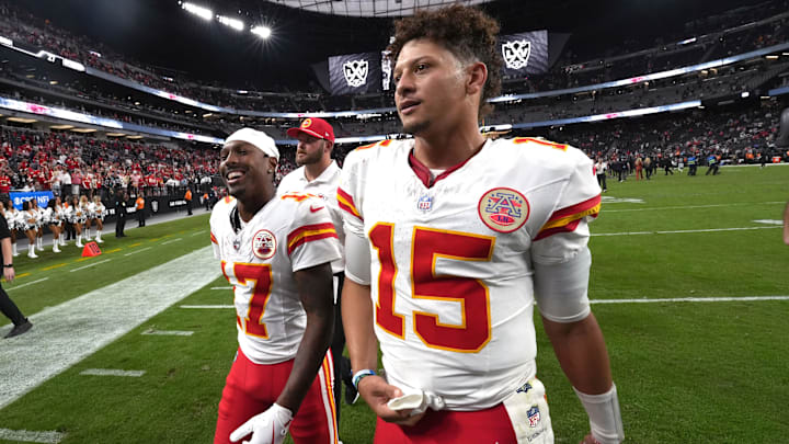 Oct 27, 2024; Paradise, Nevada, USA; Kansas City Chiefs wide receiver Mecole Hardman (17) and quarterback Patrick Mahomes (15) leave the field after the game against the Las Vegas Raiders at Allegiant Stadium. Mandatory Credit: Kirby Lee-Imagn Images