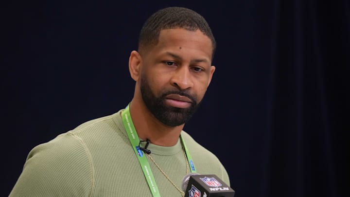 Feb 25, 2025; Indianapolis, IN, USA; Cleveland Browns general manager Andrew Berry speaks during the NFL Scouting Combine at the Indiana Convention Center. Mandatory Credit: Kirby Lee-Imagn Images