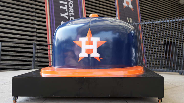Apr 27, 2024; Mexico City, Mexico; A large Houston Astros helmet at the MLB World Tour Mexico Series game at Estadio Alfredo Harp Helu. Mandatory Credit: Kirby Lee-Imagn Images