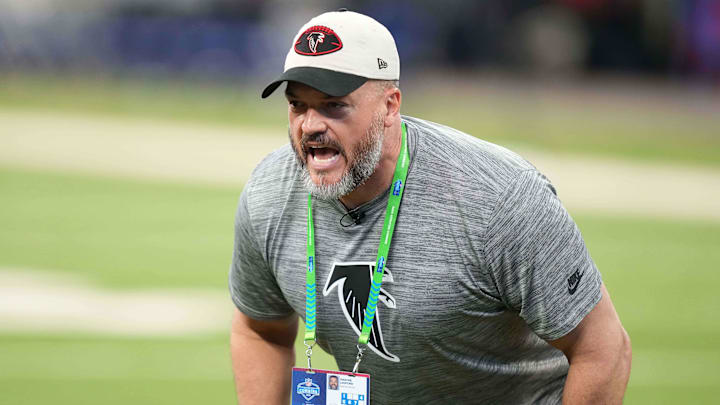 Mar 2, 2025; Indianapolis, IN, USA; Atlanta Falcons offensive line coach Dwayne Ledford during the 2025 NFL Scouting Combine at Lucas Oil Stadium.