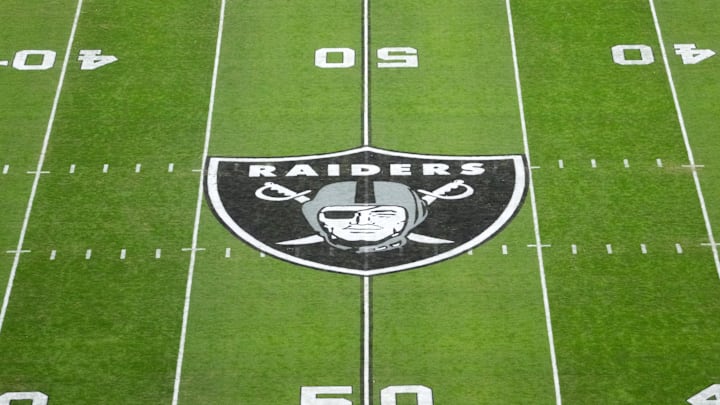 Dec 16, 2024; Paradise, Nevada, USA; The Las Vegas Raiders shield logo at midfield at Allegiant Stadium. Mandatory Credit: Kirby Lee-Imagn Images Dec 16, 2024; Paradise, Nevada, USA; The Las Vegas Raiders shield logo at midfield at Allegiant Stadium. Mandatory Credit: Kirby Lee-Imagn Images