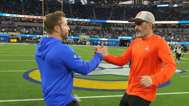 Dec 3, 2023; Inglewood, California, USA; Los Angeles Rams coach Sean McVay (left) and Cleveland Browns coach Kevin Stefanski shake hands after the game at SoFi Stadium. Mandatory Credit: Kirby Lee-Imagn Images