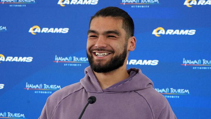 Jun 3, 2025; Woodland Hills, CA, USA; Los Angeles Rams receiver Puka Nacua at press conference during organized team activities at Rams Practice Facility. Mandatory Credit: Kirby Lee-Imagn Images Jun 3, 2025; Woodland Hills, CA, USA; Los Angeles Rams receiver Puka Nacua at press conference during organized team activities at Rams Practice Facility. Mandatory Credit: Kirby Lee-Imagn Images