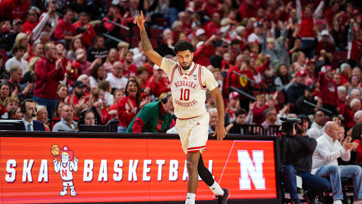 Nebraska guard Jamarques Lawrence reacts after making a three-point basket against North Dakota.