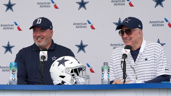 Dallas Cowboys coach Mike McCarthy and owner Jerry Jones at the training camp press conference at the River Ridge Fields.  