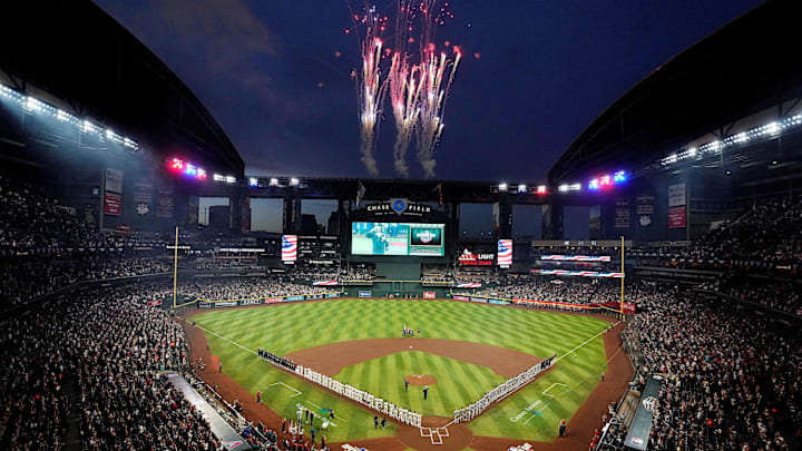 Fireworks go off after the national anthem during the Opening Day game between the Diamondbacks and the Rockies at Chase Field in 2024. Fireworks go off after the national anthem during the Opening Day game between the Diamondbacks and the Rockies at Chase Field in 2024.