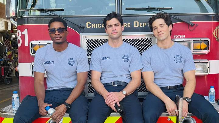 Da'Vinchi, Matthew Daddario, and Brandon Larracuente on the set of Chicago Fire season 15