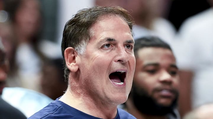 Mar 16, 2025; Dallas, Texas, USA;  Mark Cuban reacts against the Philadelphia 76ers during the second half at American Airlines Center. Mandatory Credit: Kevin Jairaj-Imagn Images