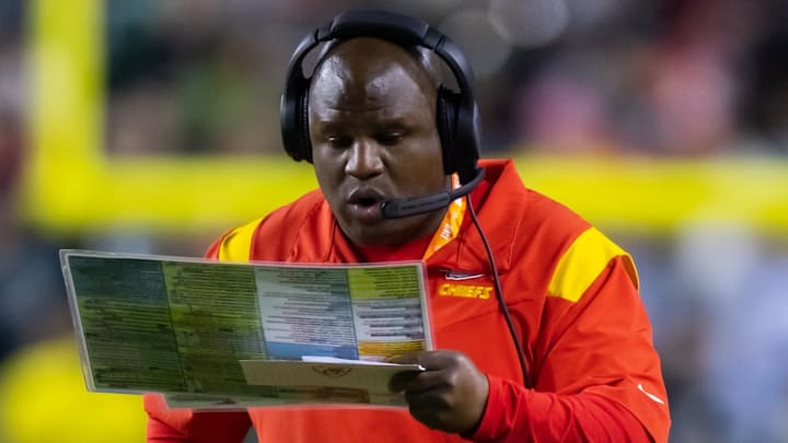 Feb 12, 2023; Glendale, Arizona, US; Kansas City Chiefs offensive coordinator Eric Bieniemy against the Philadelphia Eagles during Super Bowl LVII at State Farm Stadium. Mandatory Credit: Mark J. Rebilas-Imagn Images