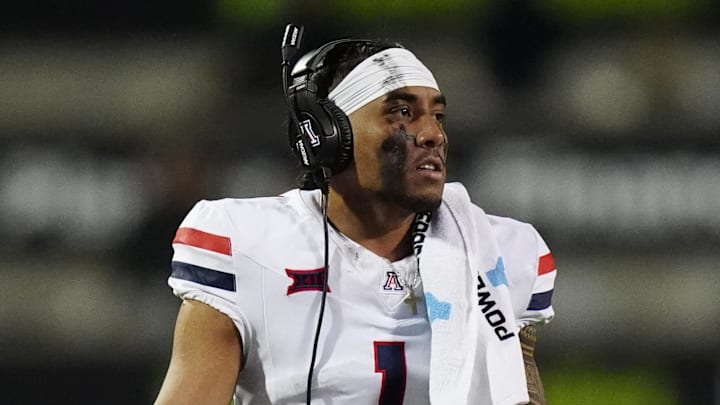 Nov 1, 2025; Boulder, Colorado, USA; Arizona Wildcats quarterback Noah Fifita (1) reacts after a Colorado Buffaloes turnover in the second half at Folsom Field. Mandatory Credit: Ron Chenoy-Imagn Images