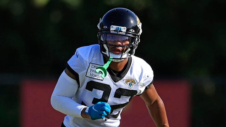 Jacksonville Jaguars cornerback Tyson Campbell (32) runs during a catching exercise during day 4 of