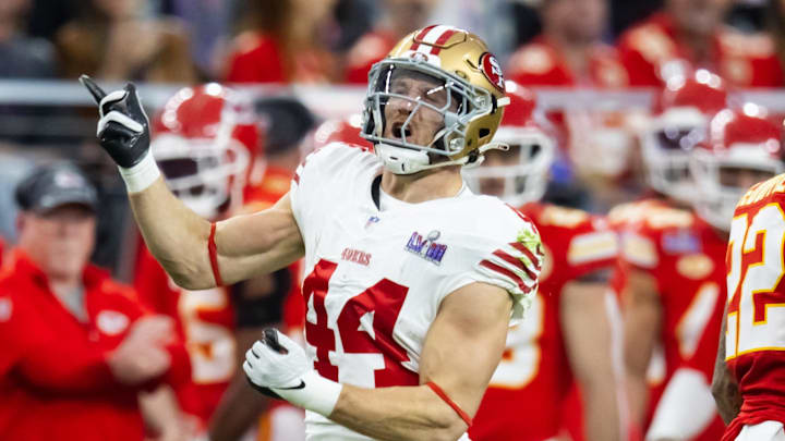 Feb 11, 2024; Paradise, Nevada, USA; San Francisco 49ers fullback Kyle Juszczyk (44) celebrates a play against the Kansas City Chiefs in Super Bowl LVIII at Allegiant Stadium. Mandatory Credit: Mark J. Rebilas-USA TODAY Sports