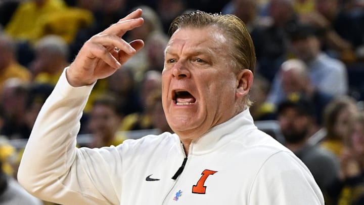 Mar 2, 2025; Ann Arbor, Michigan, USA; Illinois Fighting Illini head coach Brad Underwood yells to his team from the bench during their game against the Michigan Wolverines in the second half at Crisler Center. Mandatory Credit: Lon Horwedel-Imagn Images Mar 2, 2025; Ann Arbor, Michigan, USA; Illinois Fighting Illini head coach Brad Underwood yells to his team from the bench during their game against the Michigan Wolverines in the second half at Crisler Center. Mandatory Credit: Lon Horwedel-Imagn Images