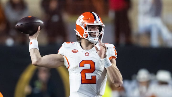 Dec 21, 2024; Austin, Texas, USA; Clemson Tigers quarterback Cade Klubnik (2) against the Texas Longhorns during the CFP National playoff first round at Darrell K Royal-Texas Memorial Stadium. Mandatory Credit: Mark J. Rebilas-Imagn Images
