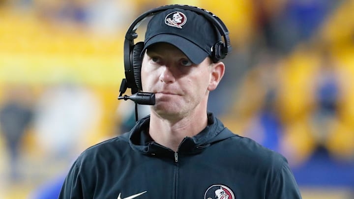 Nov 4, 2023; Pittsburgh, Pennsylvania, USA;  Florida State Seminoles senior offensive analyst of quarterbacks Austin Tucker looks on against the Pittsburgh Panthers during the fourth quarter at Acrisure Stadium. Mandatory Credit: Charles LeClaire-Imagn Images