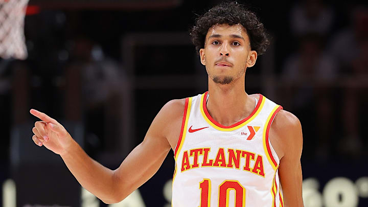 Zaccharie Risacher #10 of the Atlanta Hawks
