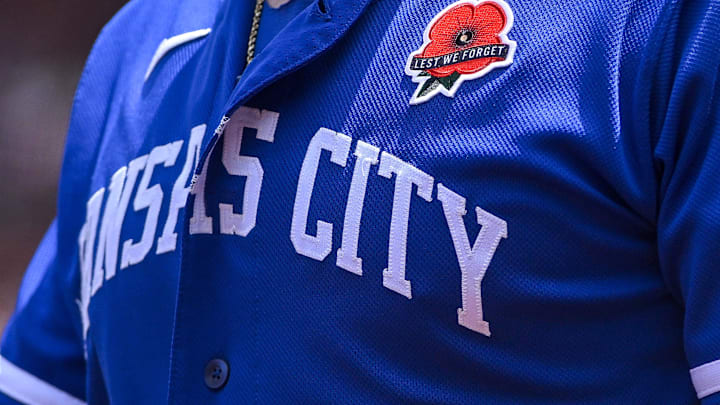 May 29, 2023; St. Louis, Missouri, USA;  A detailed view of the Memorial Day patch on the jersey of Kansas City Royals first baseman Vinnie Pasquantino (9) before a game against the St. Louis Cardinals at Busch Stadium. Mandatory Credit: Jeff Curry-Imagn Images