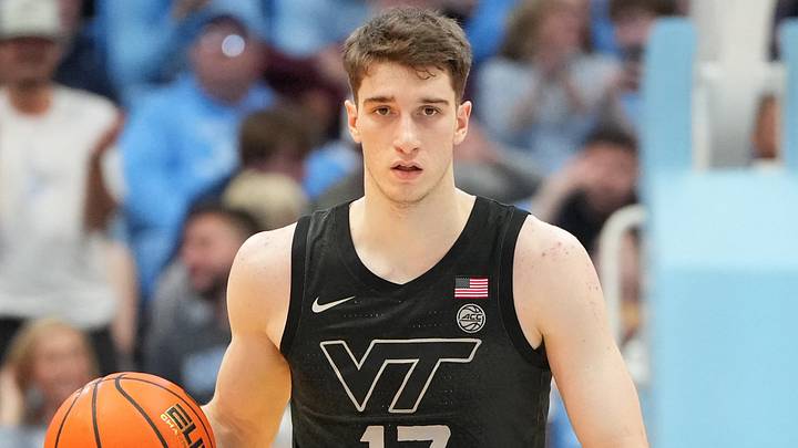 Feb 28, 2026; Chapel Hill, North Carolina, USA; Virginia Tech Hokies guard Neoklis Avdalas (17) with the ball in the first half at Dean E. Smith Center. Mandatory Credit: Bob Donnan-Imagn Images