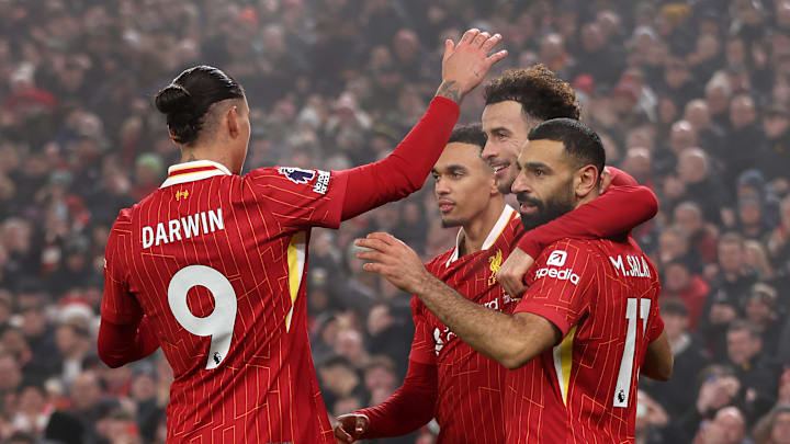 Curtis Jones (second from right) scored Liverpool's second goal in a 3-1 victory over Leicester City on Boxing Day