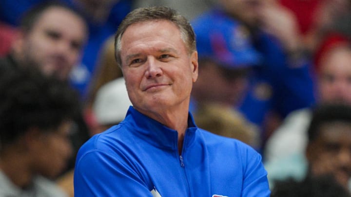 Nov 15, 2025; Lawrence, Kansas, USA; Kansas Jayhawks head coach Bill Self reacts during the first half against the Princeton Tigers at Allen Fieldhouse. Mandatory Credit: Jay Biggerstaff-Imagn Images