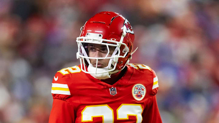 Jan 26, 2025; Kansas City, MO, USA; Kansas City Chiefs cornerback Trent McDuffie (22) against the Buffalo Bills in the AFC Championship game at GEHA Field at Arrowhead Stadium. Mandatory Credit: Mark J. Rebilas-Imagn Images