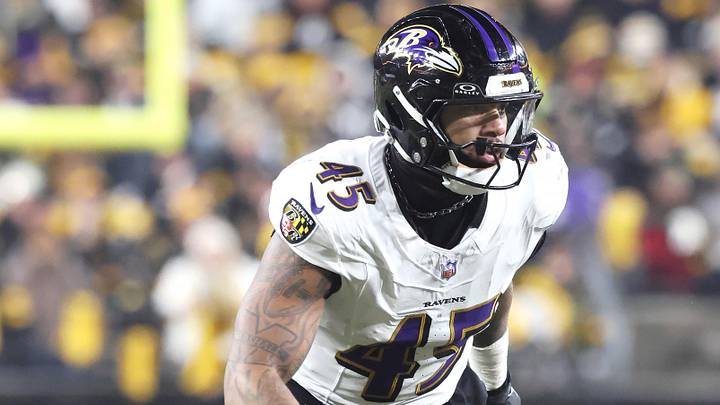 Jan 4, 2026; Pittsburgh, Pennsylvania, USA;  Baltimore Ravens linebacker Mike Green (45) in action against the Pittsburgh Steelers during the second quarter at Acrisure Stadium. Mandatory Credit: Charles LeClaire-Imagn Images
