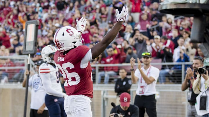 Sep 23, 2023; Stanford, California, USA; Stanford Cardinal running back Sedrick Irvin (26) reacts after securing a field goal against the Arizona Wildcats during the third quarter at Stanford Stadium. Mandatory Credit: John Hefti-Imagn Images Sep 23, 2023; Stanford, California, USA; Stanford Cardinal running back Sedrick Irvin (26) reacts after securing a field goal against the Arizona Wildcats during the third quarter at Stanford Stadium. Mandatory Credit: John Hefti-Imagn Images