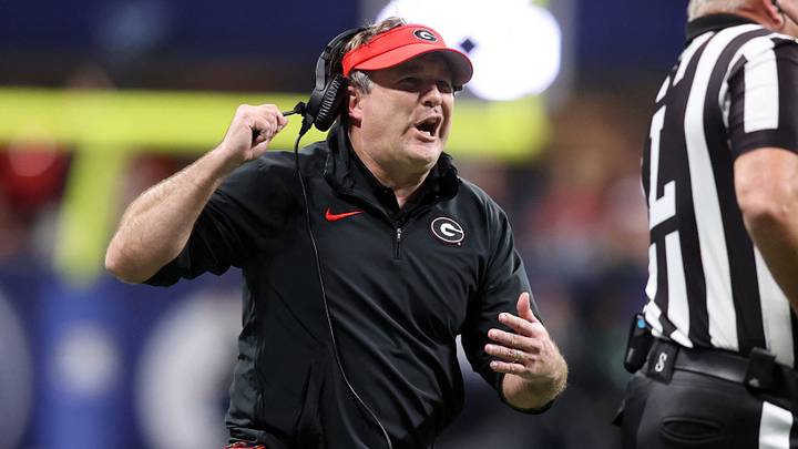 Dec 2, 2023; Atlanta, GA, USA; Georgia Bulldogs head coach Kirby Smart reacts to an official in the second half against the Alabama Crimson Tide at Mercedes-Benz Stadium. Mandatory Credit: Brett Davis-USA TODAY Sports Dec 2, 2023; Atlanta, GA, USA; Georgia Bulldogs head coach Kirby Smart reacts to an official in the second half against the Alabama Crimson Tide at Mercedes-Benz Stadium. Mandatory Credit: Brett Davis-USA TODAY Sports