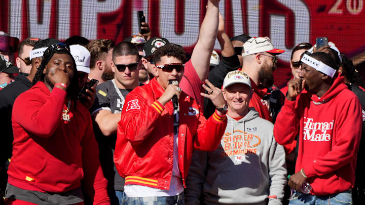 Feb 14, 2024; Kansas City, MO, USA;  Kansas City Chiefs quarterback Patrick Mahomes (15) addresses the crowd on stage during the celebration of the Kansas City Chiefs winning Super Bowl LVIII. Mandatory Credit: Kirby Lee-USA TODAY Sports