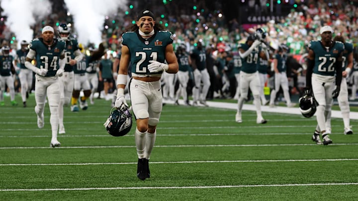 Feb 9, 2025; New Orleans, LA, USA; Philadelphia Eagles safety Sydney Brown (21) runs onto the field before Super Bowl LIX between the Philadelphia Eagles and the Kansas City Chiefs at Caesars Superdome. Mandatory Credit: Geoff Burke-Imagn Images Feb 9, 2025; New Orleans, LA, USA; Philadelphia Eagles safety Sydney Brown (21) runs onto the field before Super Bowl LIX between the Philadelphia Eagles and the Kansas City Chiefs at Caesars Superdome. Mandatory Credit: Geoff Burke-Imagn Images