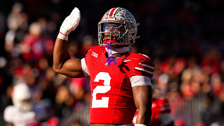 Ohio State Buckeyes defensive back Caleb Downs (2) celebrates after sacking Rutgers Scarlet Knights quarterback Athan Kaliakmanis (16) in the second half of the NCAA football game at Ohio Stadium on Saturday, Nov. 22, 2025 in Columbus, Ohio.