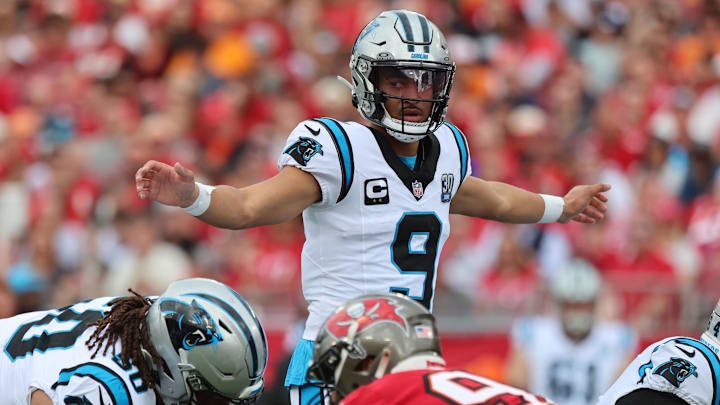 Dec 29, 2024; Tampa, Florida, USA; Carolina Panthers quarterback Bryce Young (9) calls a play against the Tampa Bay Buccaneers during the first quarter at Raymond James Stadium. Mandatory Credit: Kim Klement Neitzel-Imagn Images